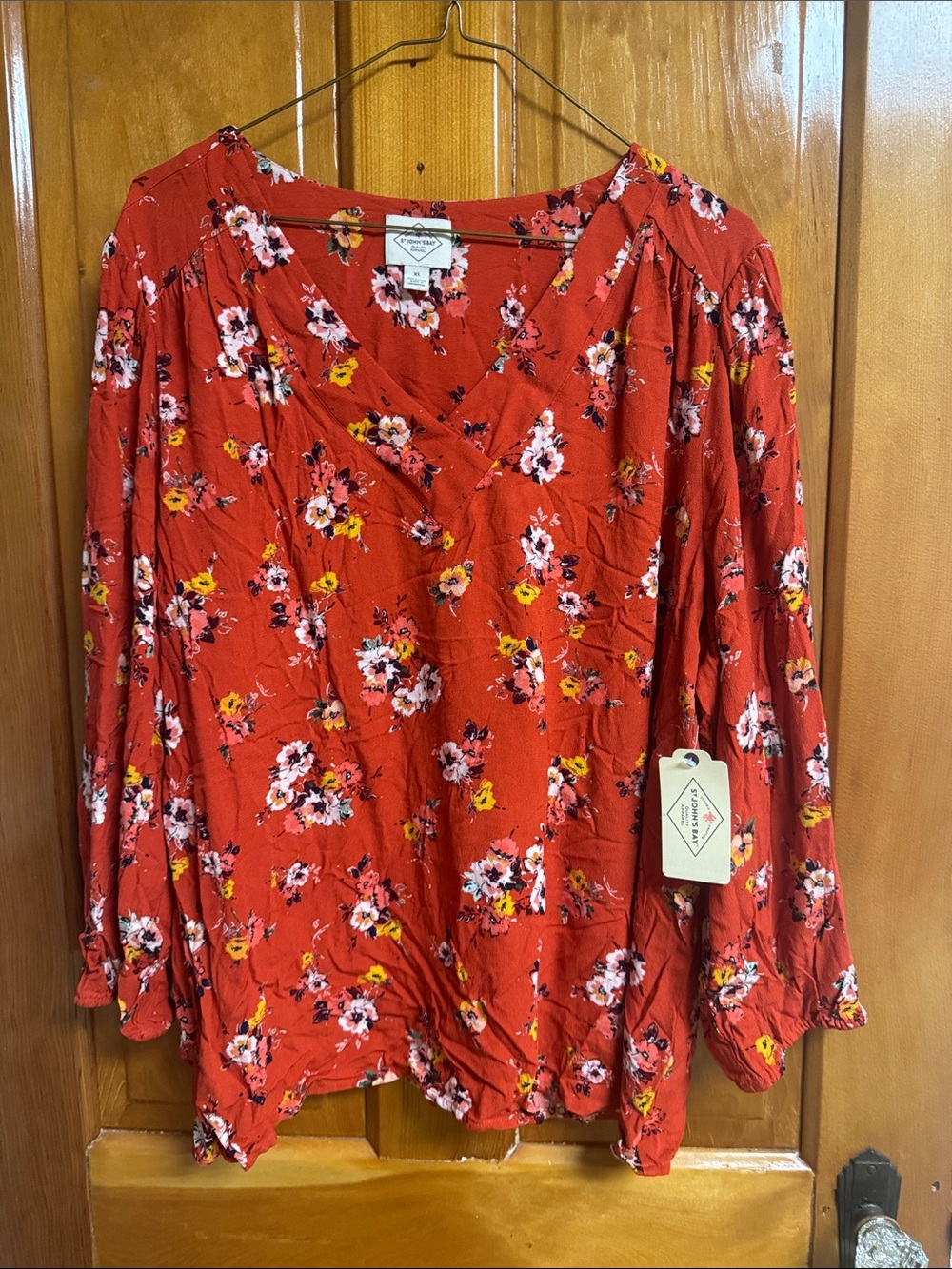 St. John's Bay Red Floral V-Neck Tunic Top